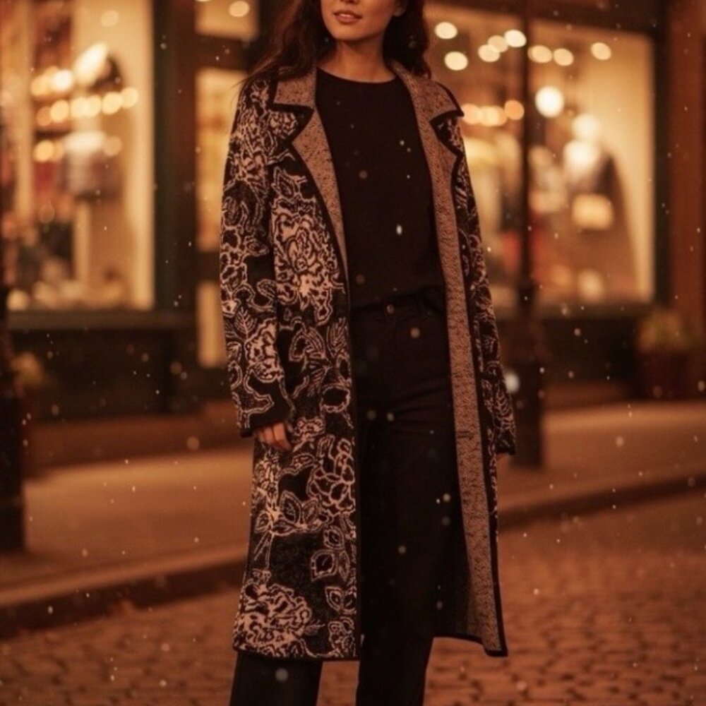 Peruvian Connection Jacquard Knit Coat Womens Long Duster Cardigan Sweater LARGE - Picture 2 of 8